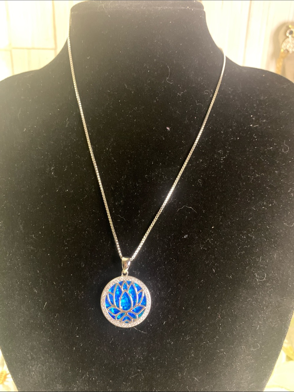 Blue Opal Lotus Pendant With Sterling Silver Chain